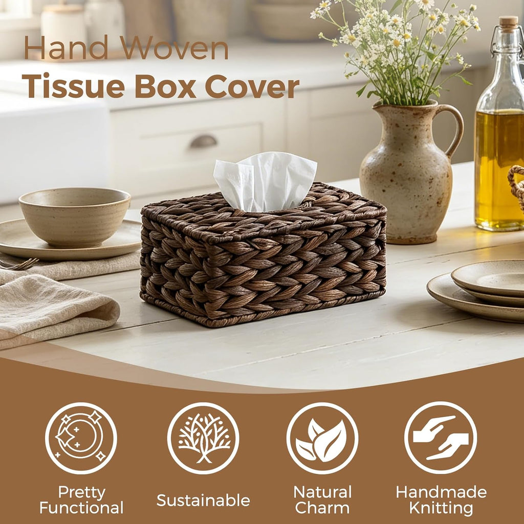 Wicker Tissue Box Cover Rectangle,Handwoven Facial Tissue Box Holder,Brown