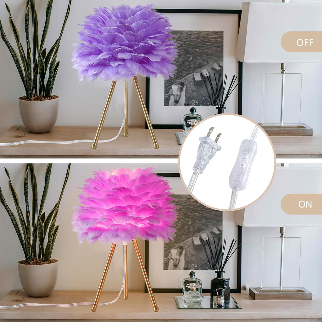 Capslpad Feather Tripod Table Lamp 15.3" Purple Modern Small Bedside Desk Lamp with Gold Finish Nightstand Lamp for Living Room Nursery Bedroom Kids Girls Room Decor