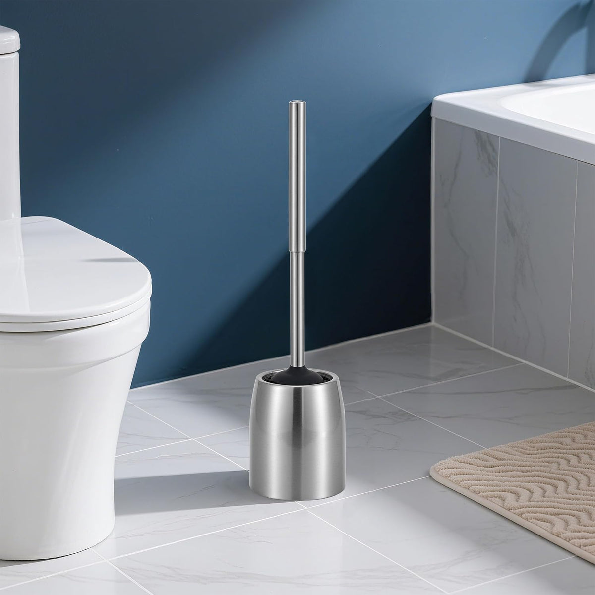 2Packs SUS304 Stainless Steel Toilet Brush and Holder Stain Nickle 12In Handle Bristles Toilet Bowl Brush Bathroom Brushes Cleaning Brush with Case Anti-Rust Brushed Silver