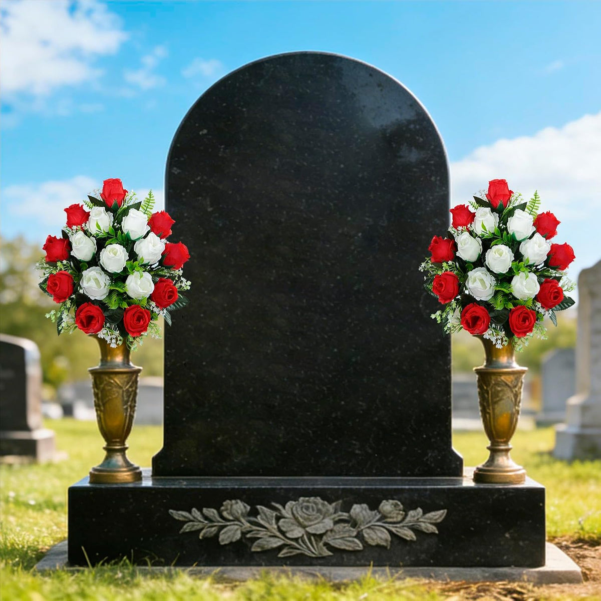 Set of 2 Artificial Cemetery Flowers with Vase, Artificial Grave Flowers Outdoor Memorial Rose Bouquets for Cemetery Headstone Graveyard Decor (Red White)
