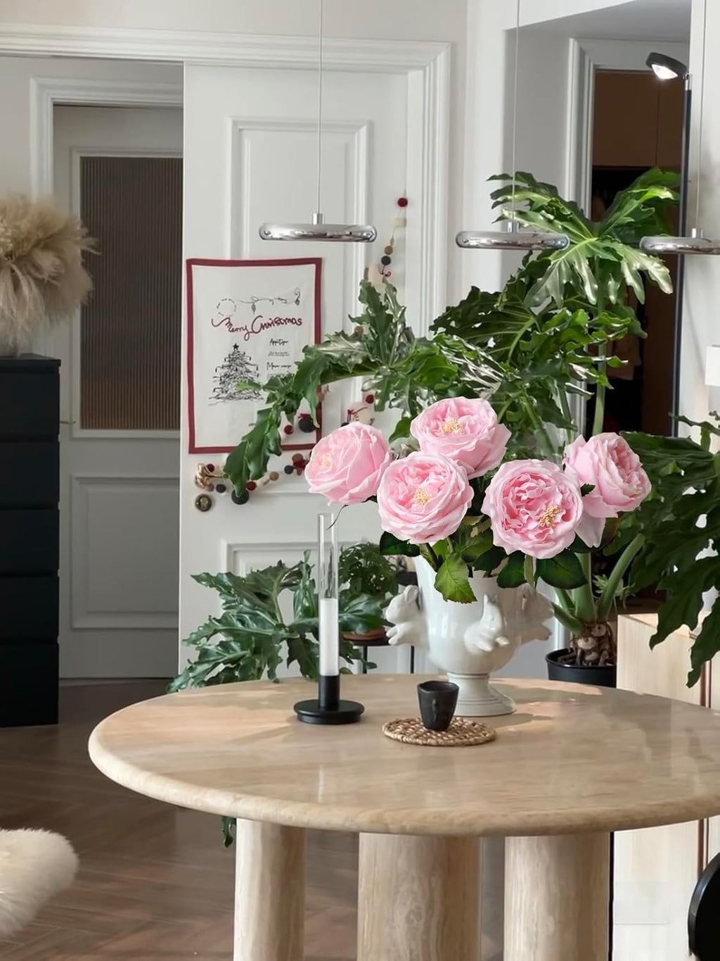 YalzoneMet 3.5'' Big Bloom Rose Artificial Flowers Light Pink 4Pcs Real Touch Rose Faux 17.7 Inch Long Stem Austen Roses Peonies Fake Flowers for Home Kitchen Party Christmas Flower Wedding Decor
