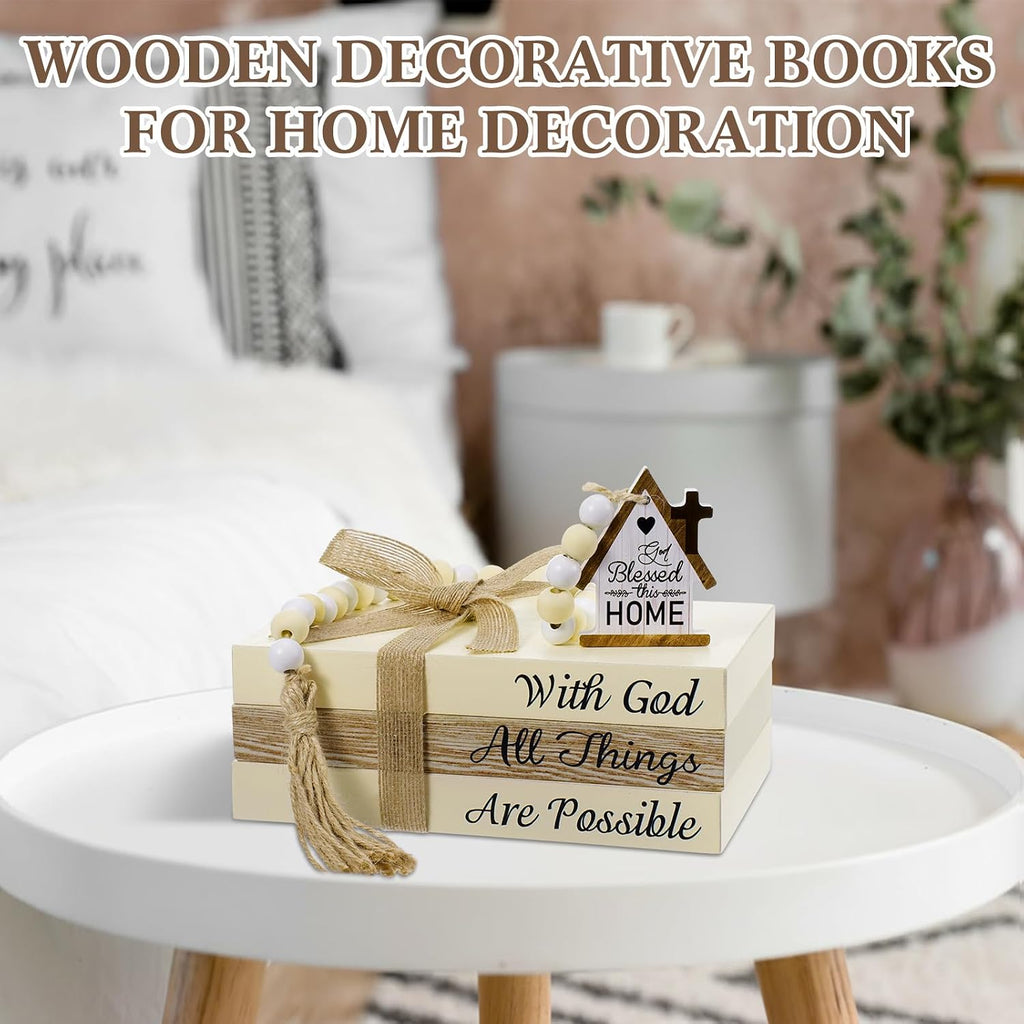 Tatuo 4 Pcs Wooden Farmhouse Decorative Books for Home Decor, God Bless