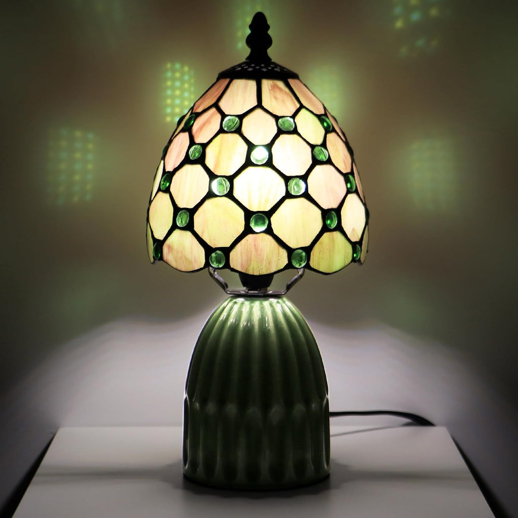Tiffany Stained Glass Mushroom Table Lamp 12.5 Inch -Amber Pearl