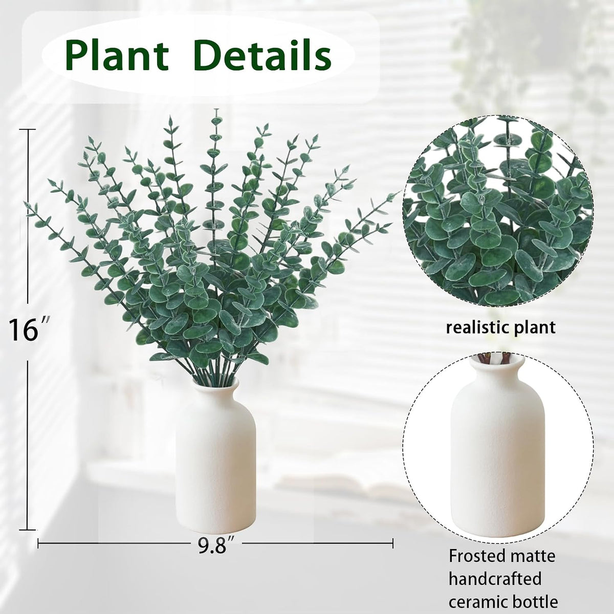 20Pcs 16" Artificial Eucalyptus Plant in Frosted Ceramic Vase for Desk