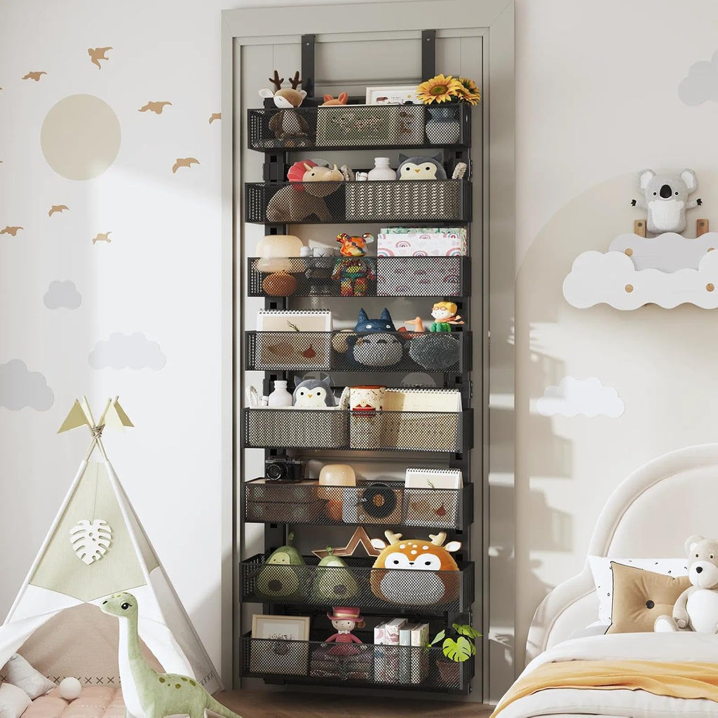 Over The Door Organizer, 8-Tier Heavy-Duty Metal Mesh Rack, Adjustable Large Baskets, 2-in-1 Hanging or Wall Mount Spice Rack, Behind The Door Organizer for Bedroom Closet Bathroom Pantry Kitchen