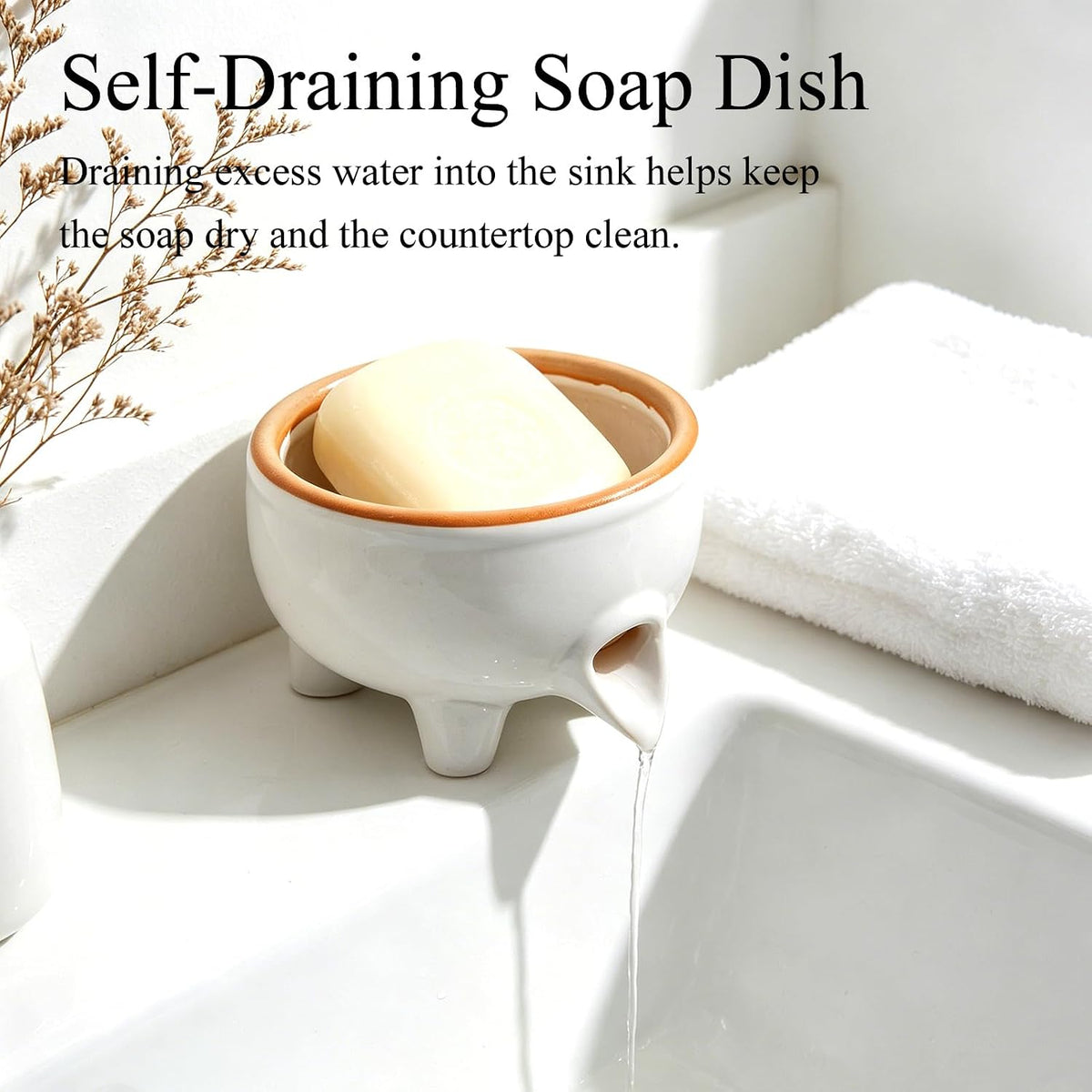 Soap Dish, Self Draining Ceramic Soap Holder for Shower, Bath, Kitchen Sink