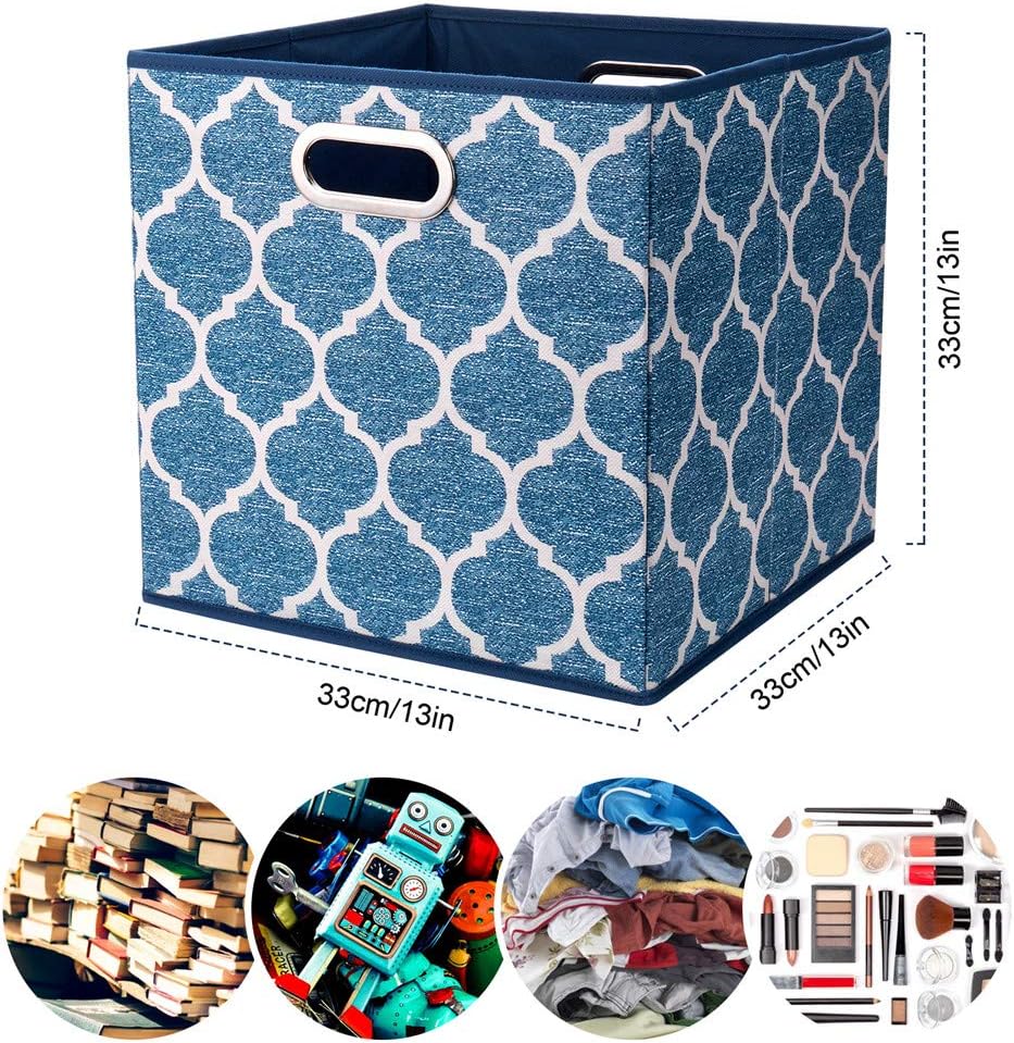 13x13x13 Inch Cube Storage Bins Blue Navy Foldable Grid Lantern Print Fabric Storage Basketes for Home Organizers Storage Drawer,QY-SC02-6