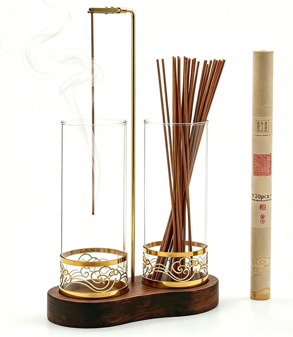 2 in 1 Incense Holder Set, Anti-Tip Burner Glass Ash Catcher with 20 Sticks
