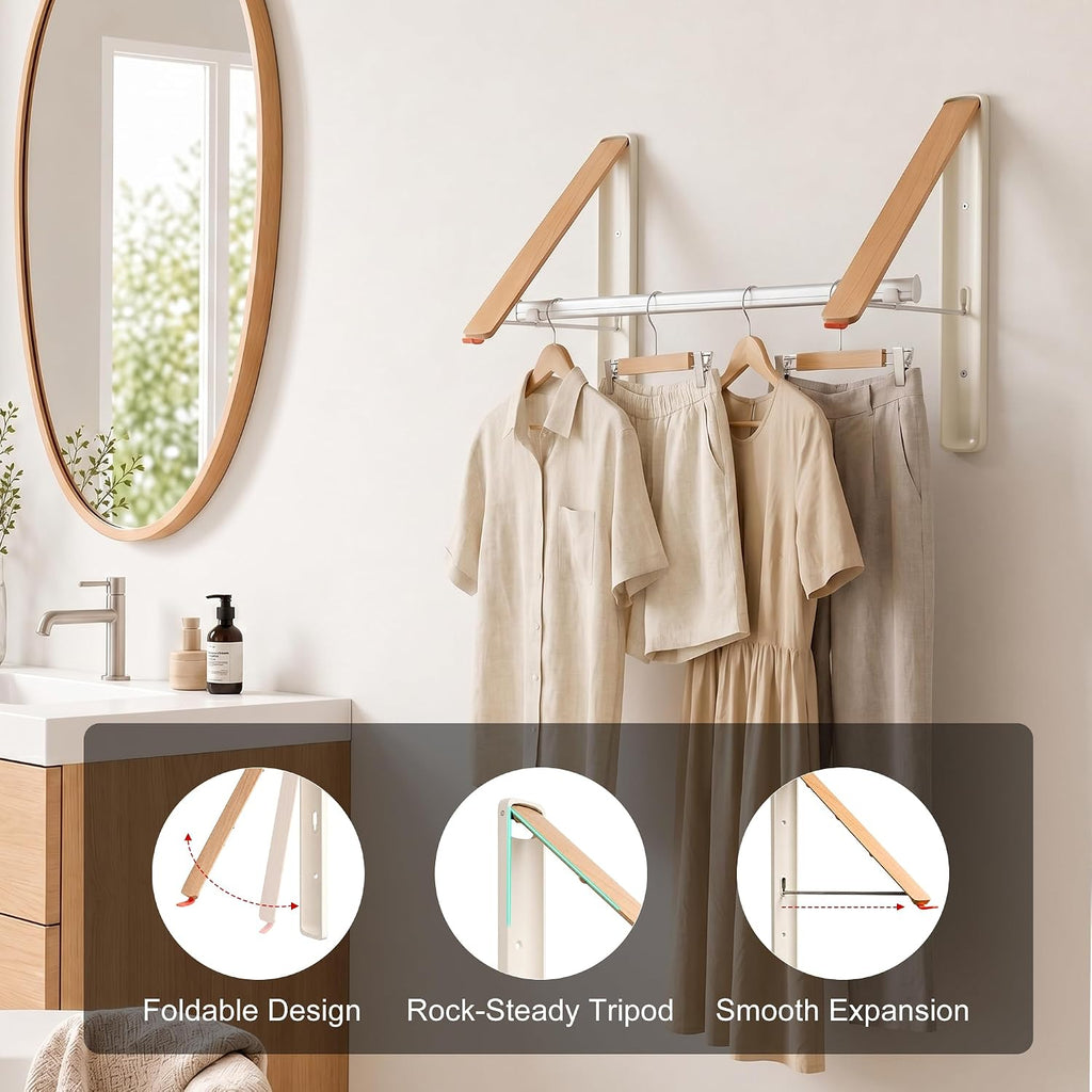 LEQ Clothes Drying Rack Wall Mounted, Foldable Laundry Drying Rack with Wood-Tone Aluminum Frame, Rustproof Retractable Clothes Hanger for Small Laundry Room, Bathroom, Balcony,(White, 2 Racks + Rod)