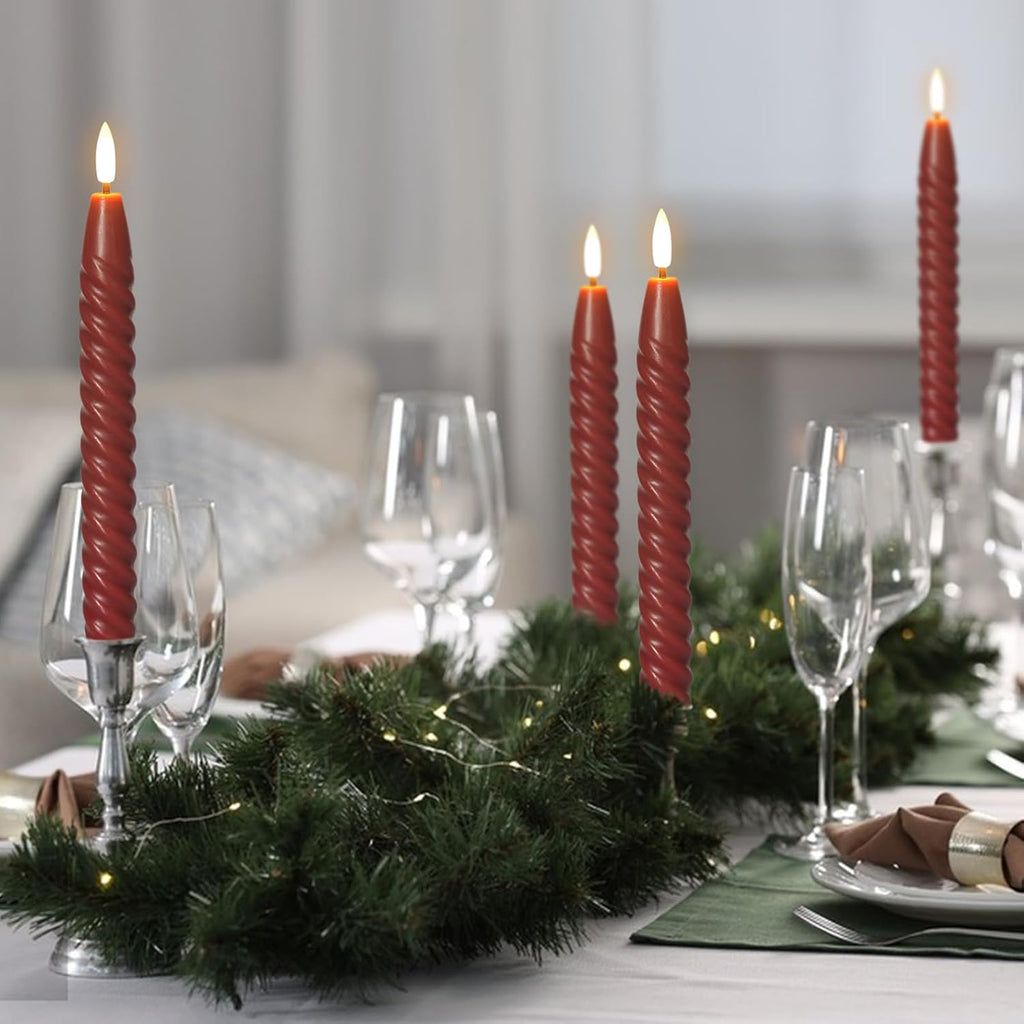 Red Flameless Taper Candles Flickering with Remote Timer