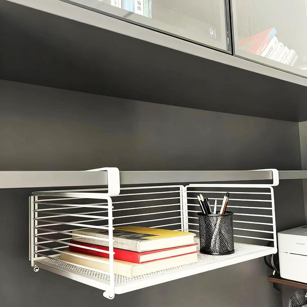 Under Cabinet Organizer, 12.2" Slide Out Storage Basket, Metal Wire Hanging Rack for Kitchen Pantry, Closet, Office, Bathroom, Space Saving White Metal Shelf, White-1 Pack