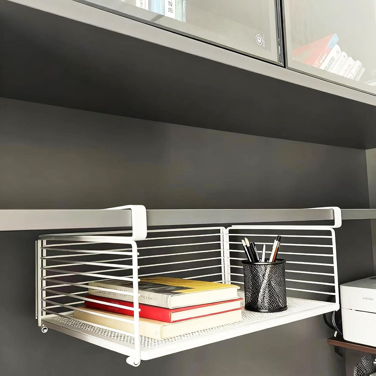 Under Cabinet Organizer, 12.2" Slide Out Storage Basket, Metal Wire Hanging Rack for Kitchen Pantry, Closet, Office, Bathroom, Space Saving White Metal Shelf, White-1 Pack
