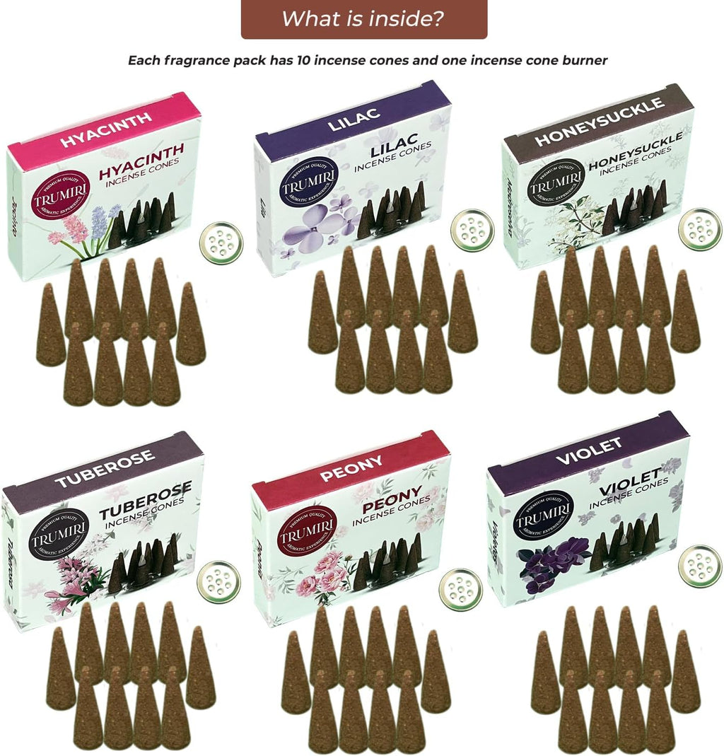 TRUMIRI Blossom Incense Cones - Variety Pack - Total 60 Cone Incense (6 Scents x 10 Conos) - Peony, Lilac, Violet, Honeysuckle, Hyacinth, Tuberose - Cone Incense Scents - Insense Cones - Incent Cone