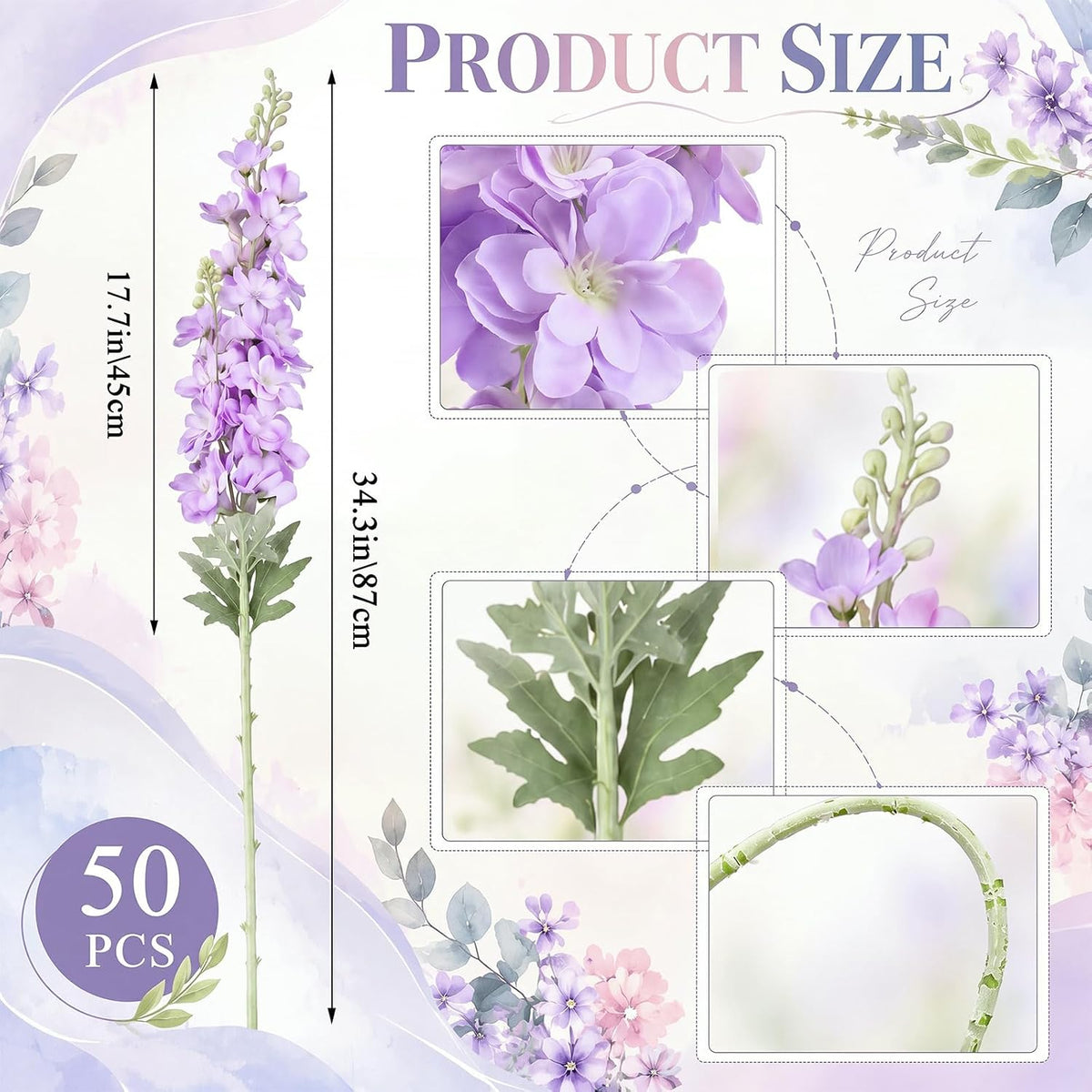 Thiccywoov 50 Pcs Pastel Delphinium Artificial Flower Bulk, 34.25"