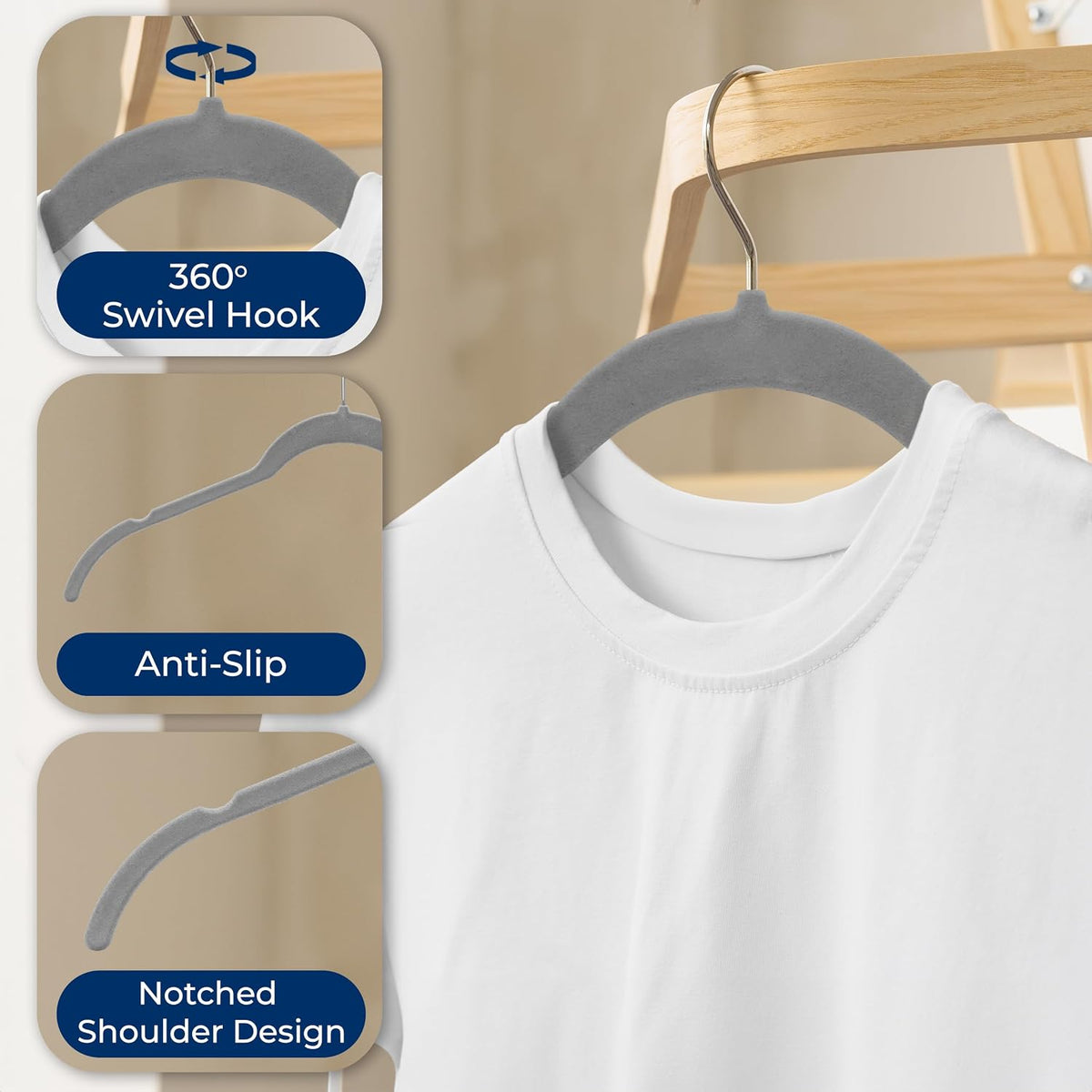 SereneLife 100 Pack Shirt Hangers, Heavy Duty Non-Slip Velvet Hangers with 360° Swivel Hooks, Slim Space-Saving Design for Tops, Jackets, Blouses, & Strappy Dresses (Gray)