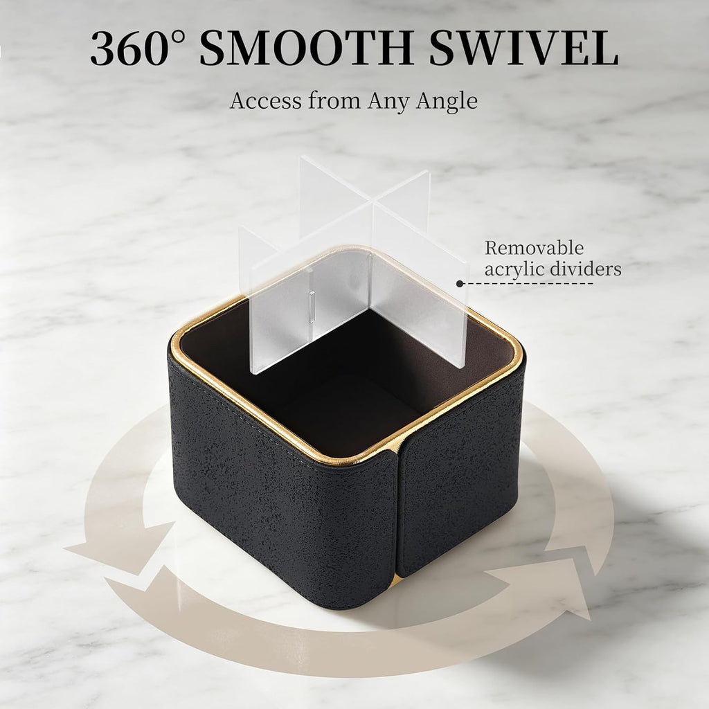 360° Rotating TV Remote Control Holder & Desk Organizer, Travertine-Look PU Leather, 0.421kg Wood Core, Removable Acrylic Divider (Black)