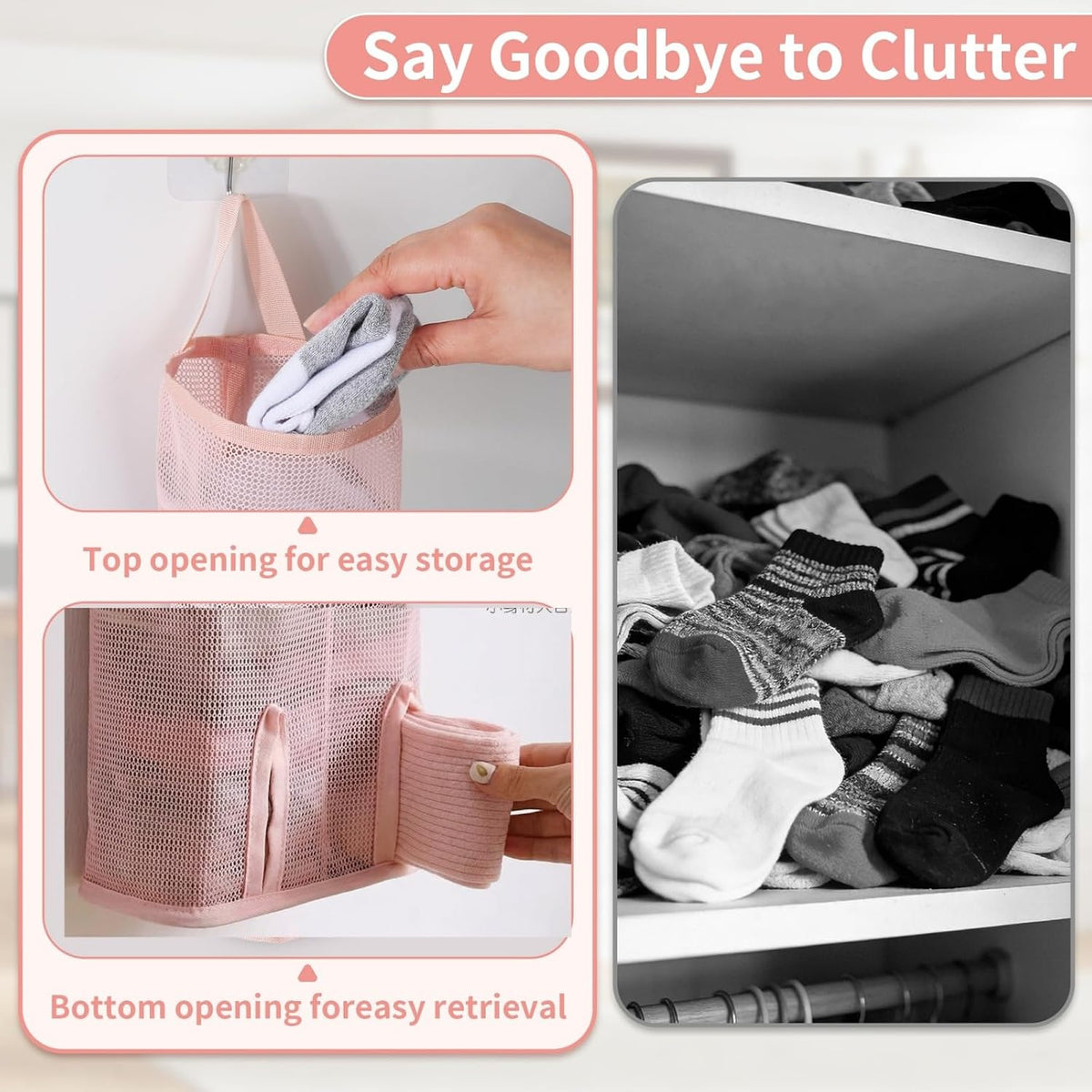 Hanging Sock Storage Bag,Sock Underwear OrganizerWall Mount Multifunctional Bag,Saver Kitchen Storage Holder,Hanging Closet Organizer,for Storing Socks Ties Plastic Bag 3PCS (Pink)