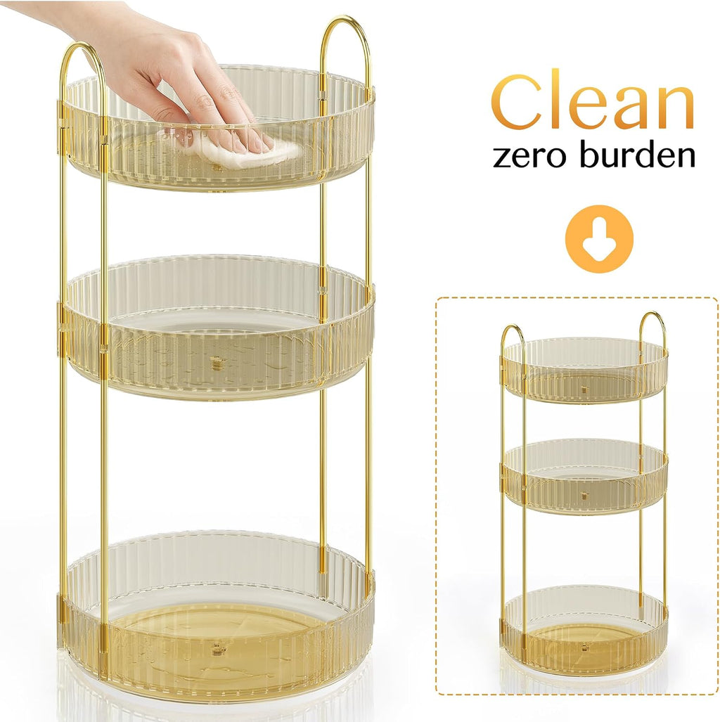 Rotating Makeup Organizer Countertop, 3 Tier, Gold