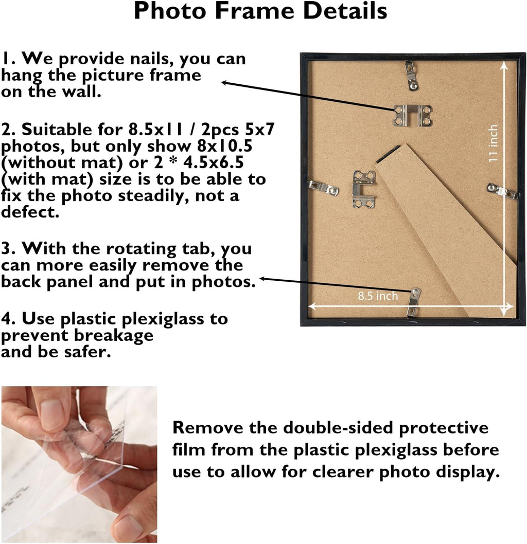 JCJMY 8.5x11 Double 5x7 Collage Picture Frame with Mat, Display 2 5x7 Photos or 8.5x11 Picture, Lightweight Two Opening 5 x 7 Photo Frame Collage for Wall Hanging or Tabletop, Black