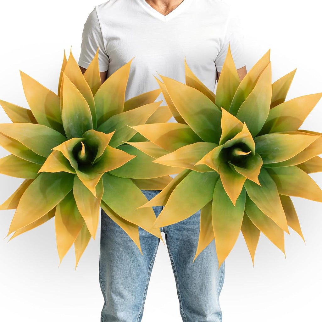 2 Pack Artificial Agave Plants 28 Inch Large Size Fake Succulent Stems Realistic UV Resistant Faux Plants for Outdoor Decorating Tropical Plant Greenery Front Porch Decor - 29 Leaves, Yellow
