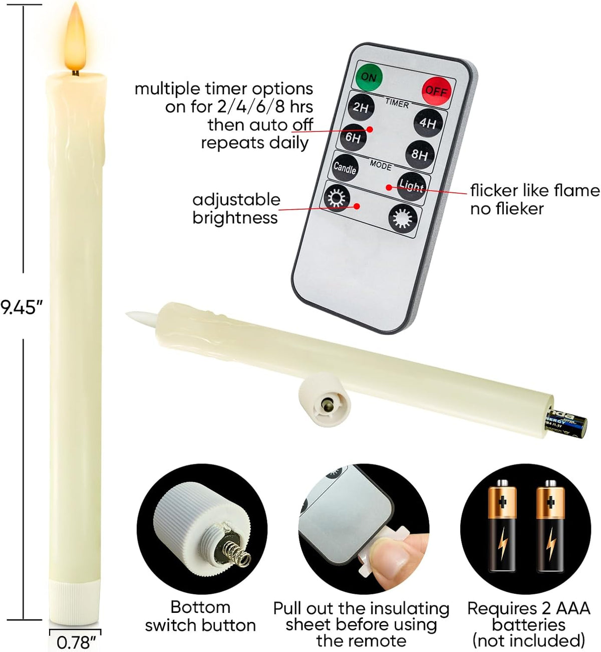 Homemory 9.6 Inches Waxy Flameless Taper Candles with Remote Timer Dimmer, Flickering LED Candlesticks, Battery Operated Window Candle for Christmas Wedding Decor, 6 Pcs Ivory Drip Taper Candles