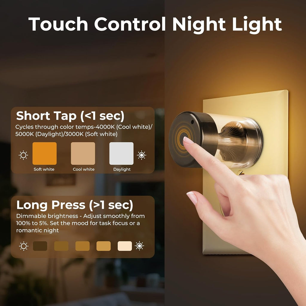 Dimmable LED Night Light Plug in Wall, Touch Control & 3-Color Temperature