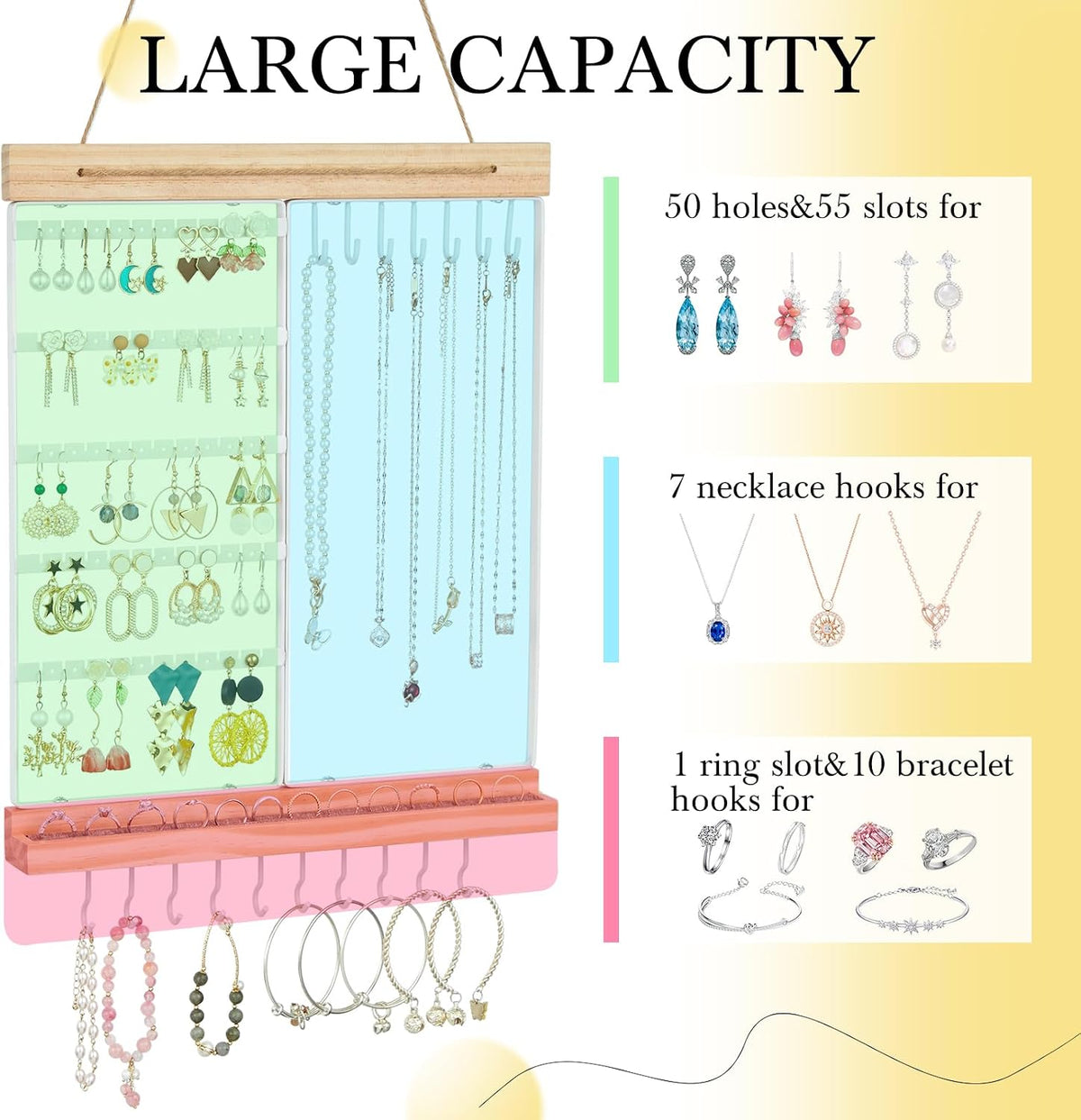 Feyejade Hanging Jewelry Organizer and Storage, 5-Tier White Earring Necklace Holder Jewelry Display Organizer Stand Rack, Wall Mounted for Earrings Necklaces Bracelets and Rings, White