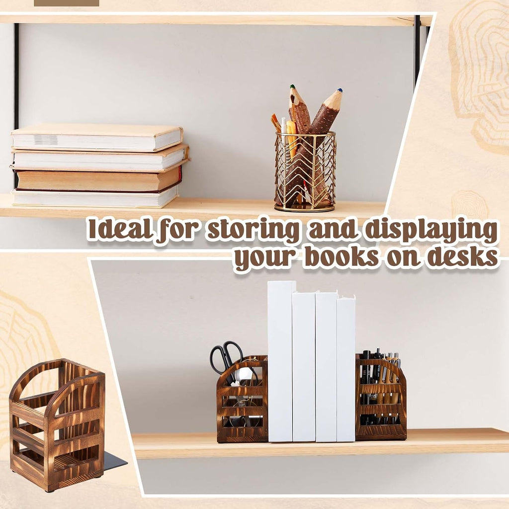 1 Pair 2 in 1 Rustic Burnt Wooden Bookend with Coated Metal Desk Supply Holds Non Skid Desktop Book Ends Pen Holder Pencil Cup Stationery Storage Bins Book Stopper for Home Office Dorm Room
