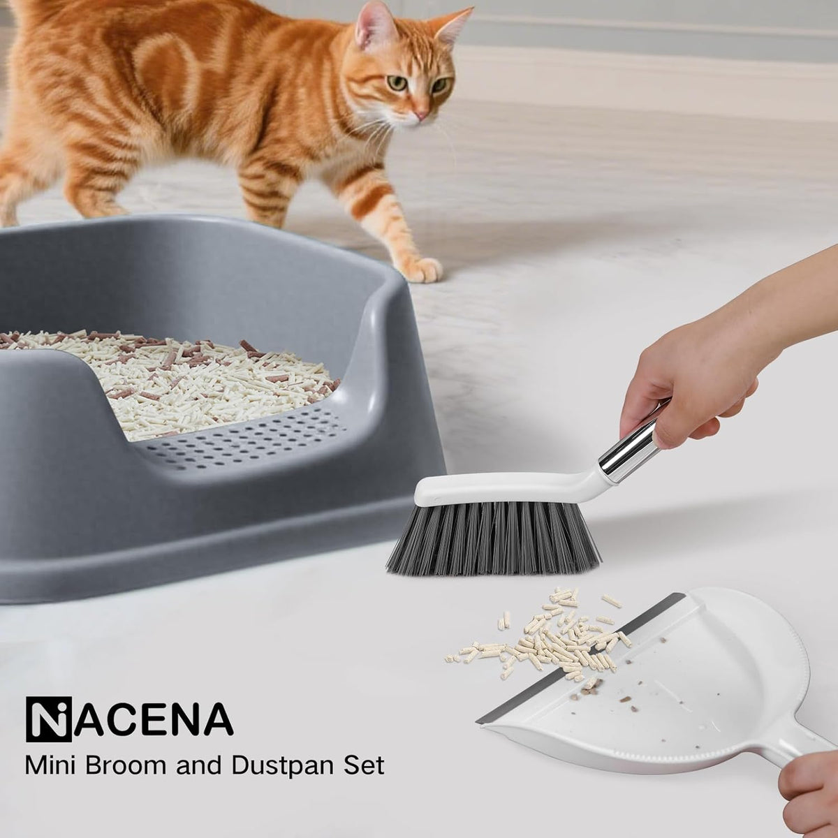 NACENA Mini Broom and Dustpan Set, Small Dust Pan and Brush Set, White&Gray
