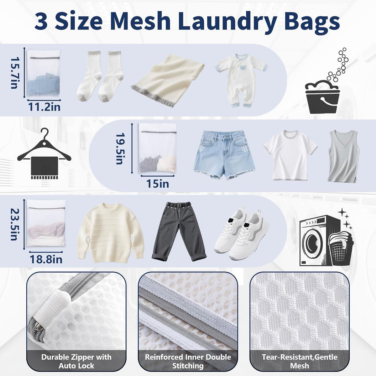 150L Laundry Bag Backpack with 3 Sizes Mesh Wash Bags and Shoulder Straps