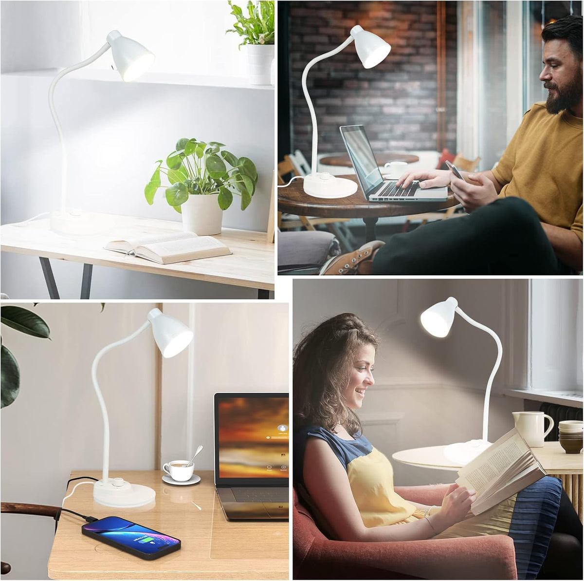 BOHON LED Desk Lamp with USB Charging Port, 3 Color Modes Dimmable, White