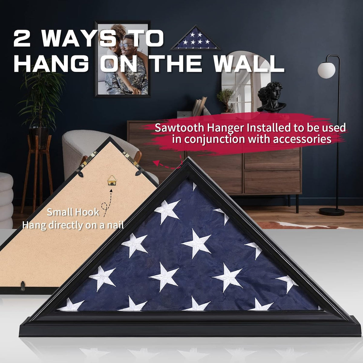 Flag Display Case, Thick Bottom Edge Military Flag Box with High Transparent Glass Front, Solid Wood Wall Mounted Flag Case Shadow Box for 5'x9.5' American Veteran Burial Flag (Black)