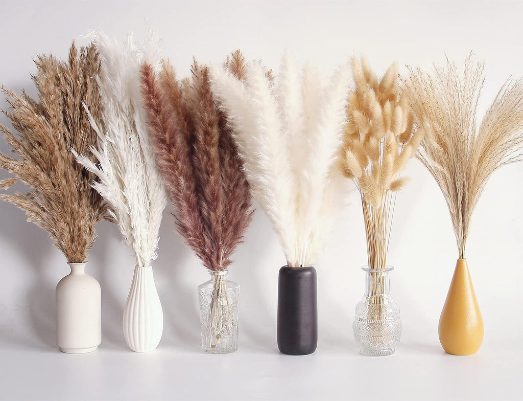 120 PCS Dried Pampas Grass Bouquet, Boho Table Decor, Bunny Tails Dried Flowers, Brown Pompas, White Pampas Grass for Wedding, Home, Rustic Party, Baby Shower Decorations