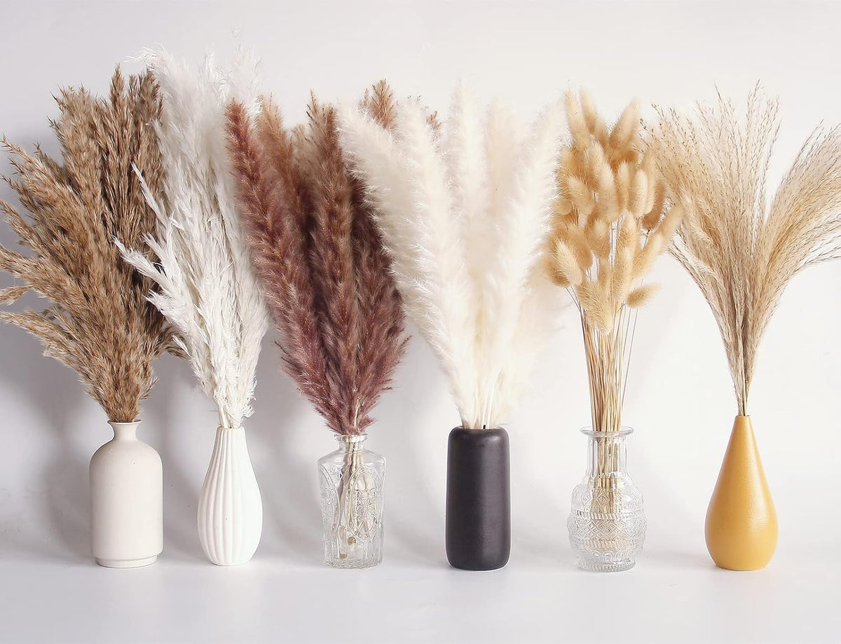 120 PCS Dried Pampas Grass Bouquet, Boho Table Decor, Bunny Tails Dried Flowers, Brown Pompas, White Pampas Grass for Wedding, Home, Rustic Party, Baby Shower Decorations