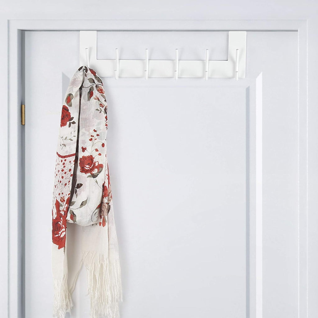 SKOLOO Over The Door Hook - 6 Hooks, No Assembly Required, Stainless Steel Door Hooks, Over Door Coat Rack for Hanging Coats Clothes Hats Robes, White