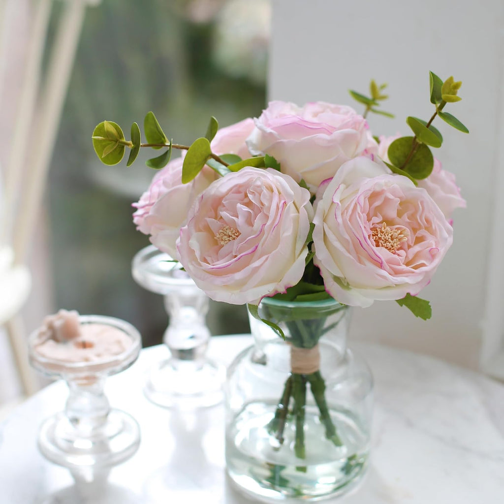 Artificial Flowers in vase, Vivid Faux Rose Flowers Arrangements, Austin Rose Centerpieces for Tables, Flower Ornaments and Flower Arts for Living Room (Champagne)