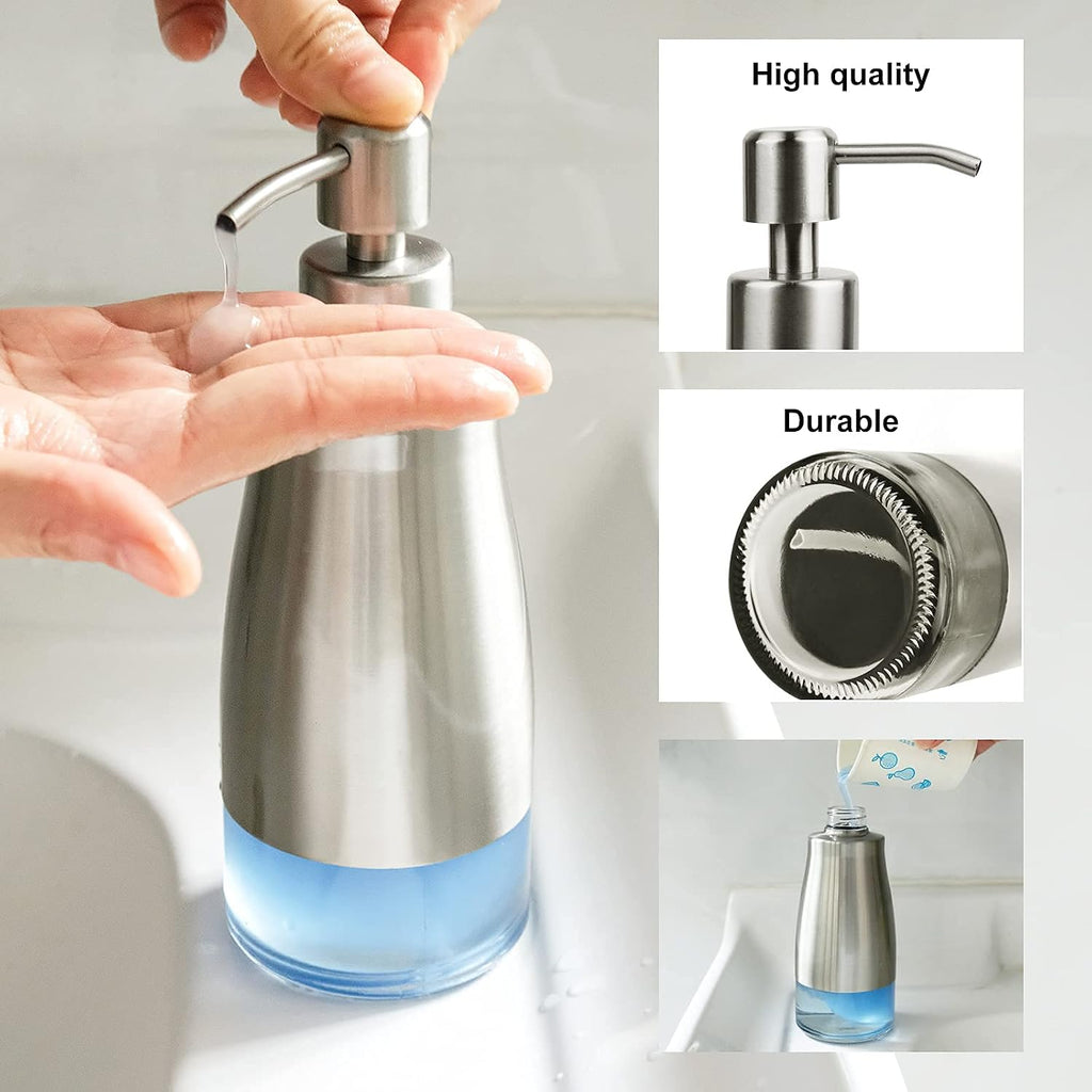 AUMIO Dish Soap Dispenser with Stickers, Stainless Steel Body & Glass View
