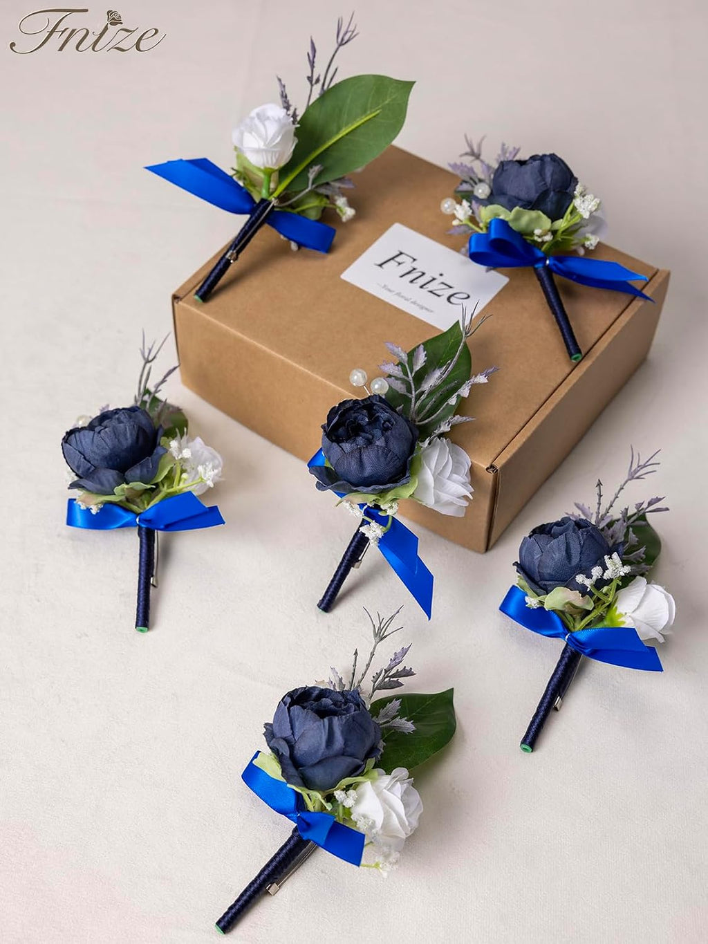 Fnize Navy Blue Boutonniere for Men Set of 6 Groom Groomsmen Wedding