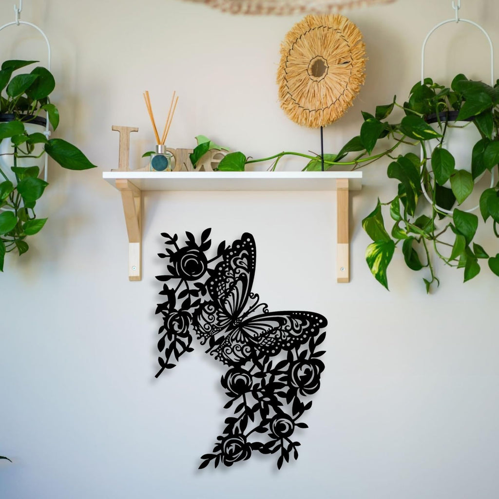 LIYOUYA Butterfly Flower Metal Wall Decor - Rustic Farmhouse Room Decor Black Wall Art Home Decor for Living Room, Bedroom, Dining Room, Courtyard, Farmhouse (Black)