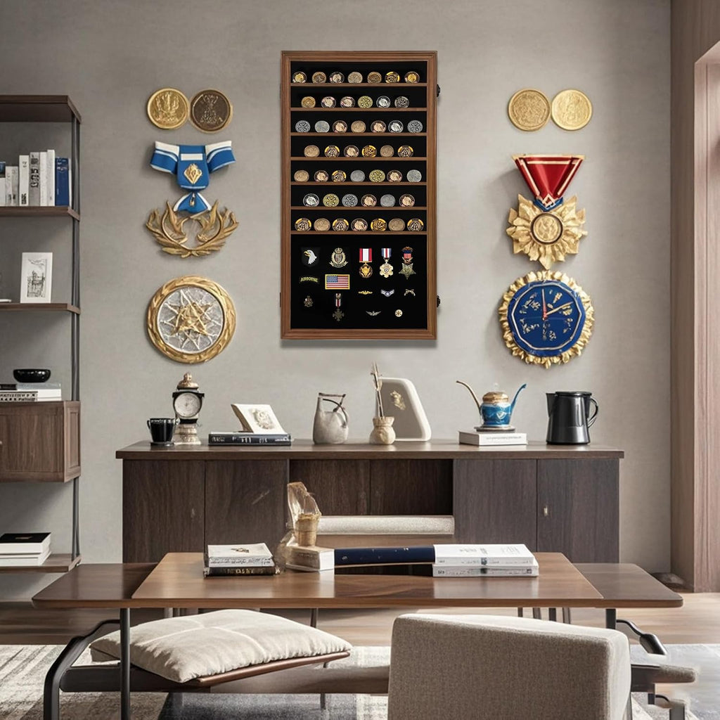 Oversized Military Challenge Coin Display case for Badges & Ribbons Walnut