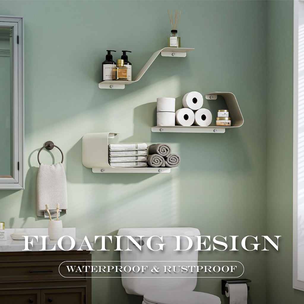 Sttoraboks Floating Shelves - Set of 3 Wall Mounted Metal Shelves with Unique Design for Wall Storage, Book Shelf, Display Shelves for Bathroom, Bedroom, Kitchen, Living Room, White