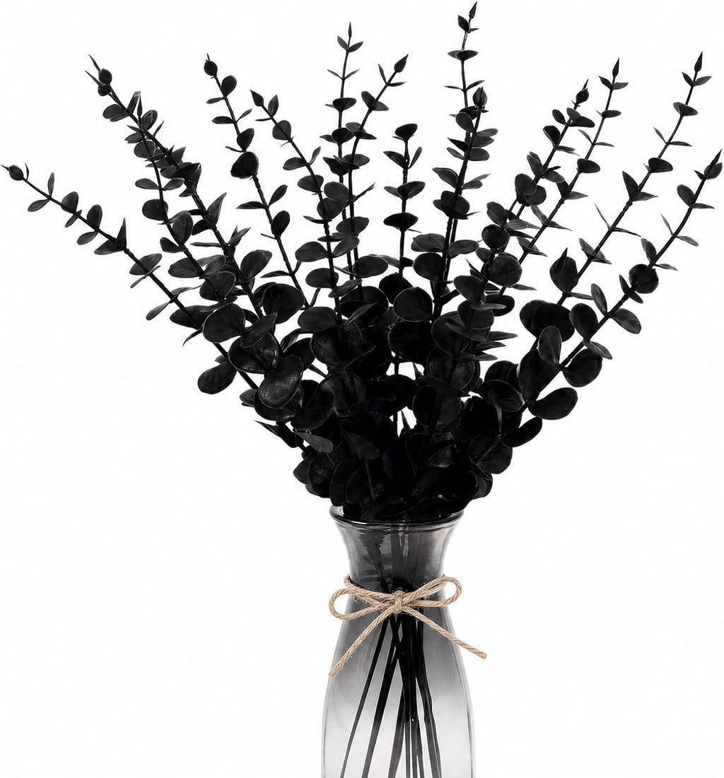 18 Pcs Artificial Eucalyptus Stems Black Leaves Fake Greenery Branches Faux Flowers Bouquet for Home Decor Wedding Centerpiece Table Decoration