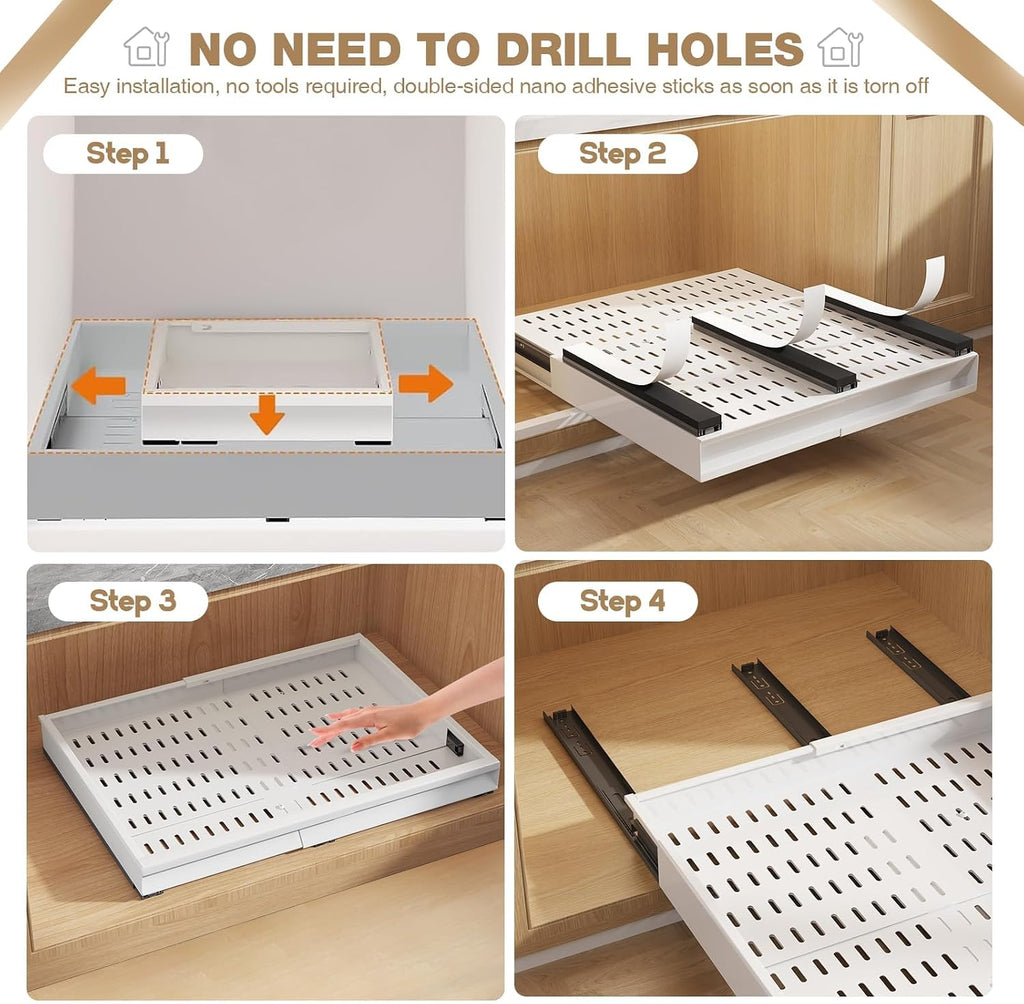 Seinloes Pull Out Cabinet Organizer, 4-Side Expandable to Fit Most Cabinets, 3 Rail Slide Out Drawers with Raising Pad for Framed & Frameless Cabinets, 11"-16" W x 13"-17" D, White, 2 Pack