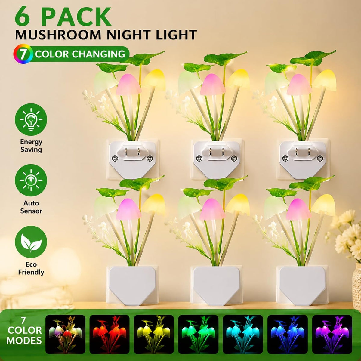 Mudder 6 Pack Plug in LED Mushroom Night Light, Water Plants, Lotus Leaves