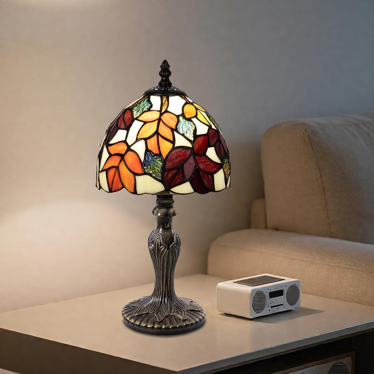 Small Tiffany Table Lamp 8 inch Red Leaves Stained Glass
