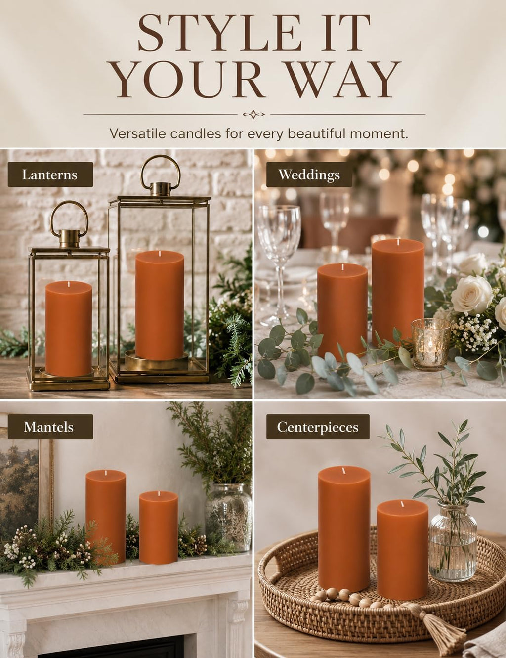 2 Pack 3 x 6 Inch Burnt Orange Unscented Pillar Candles
