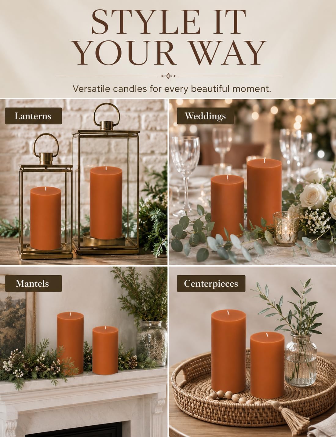 2 Pack 3 x 6 Inch Burnt Orange Unscented Pillar Candles