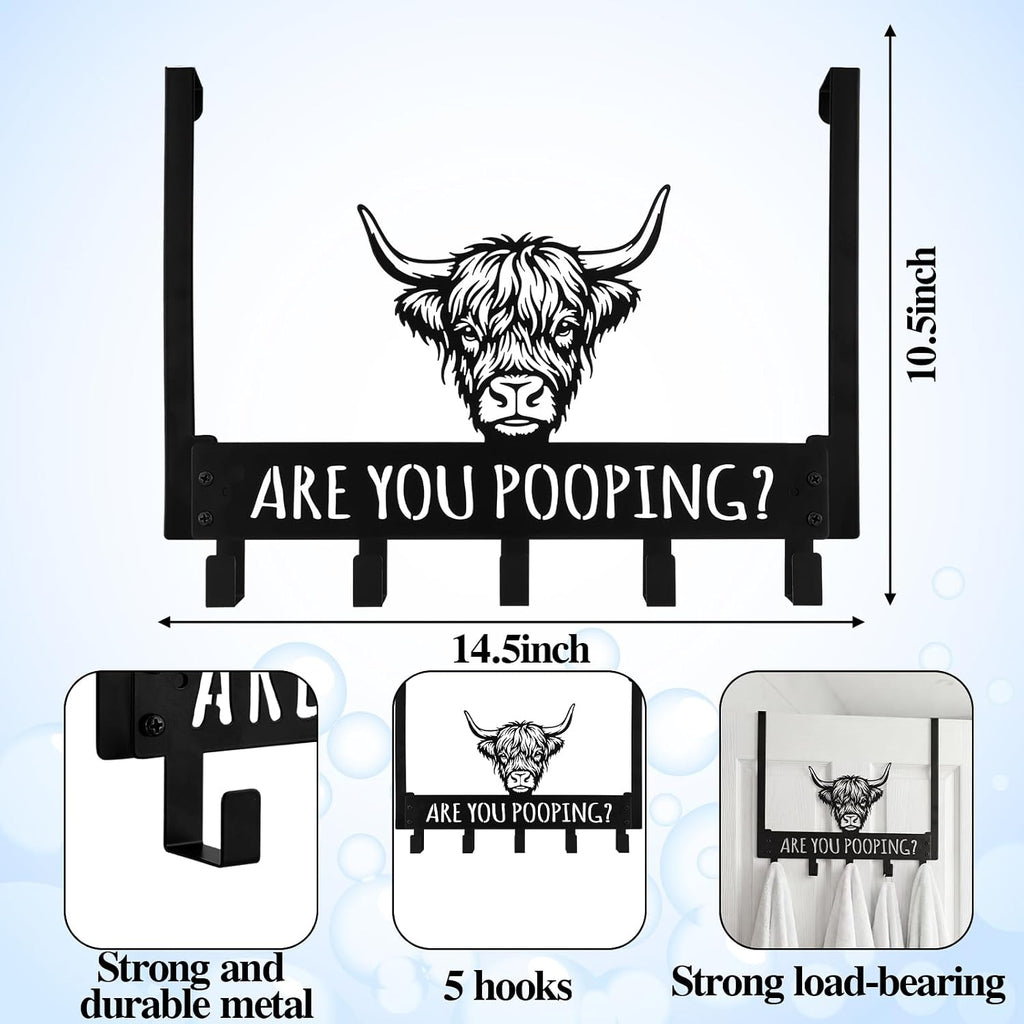 Kathfly Classic Highland Cow Over Door Towel Rack 5 Hooks Black