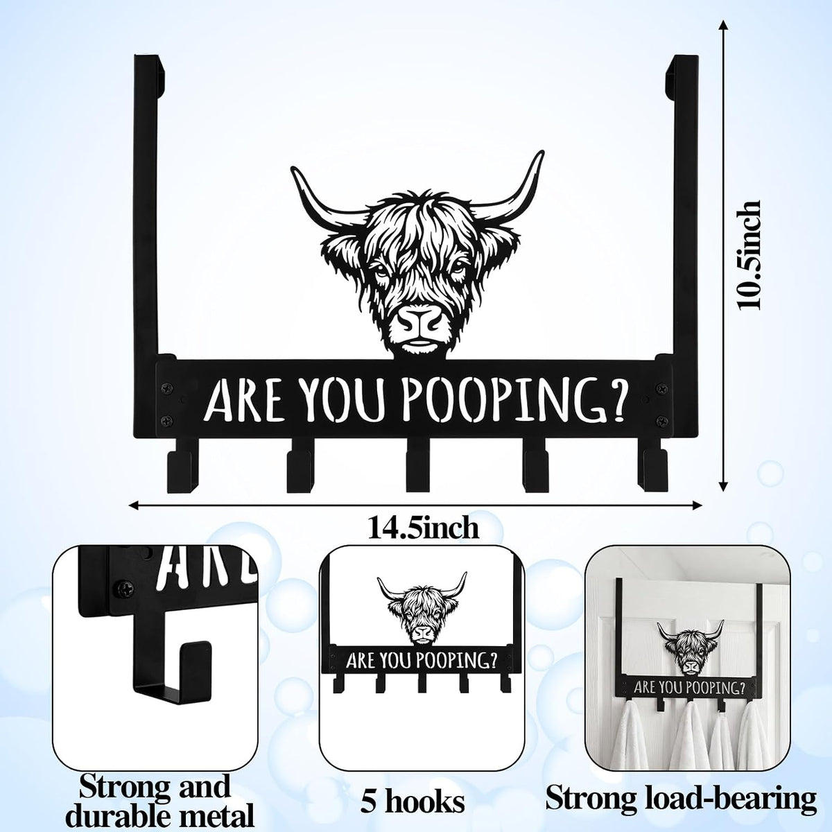 Kathfly Classic Highland Cow Over Door Towel Rack 5 Hooks Black