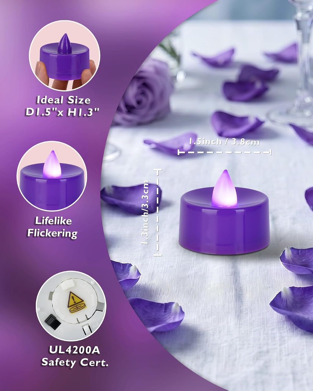 Homemory 50-Pack Purple Flameless Battery Tealight Candles, 200+ Hours